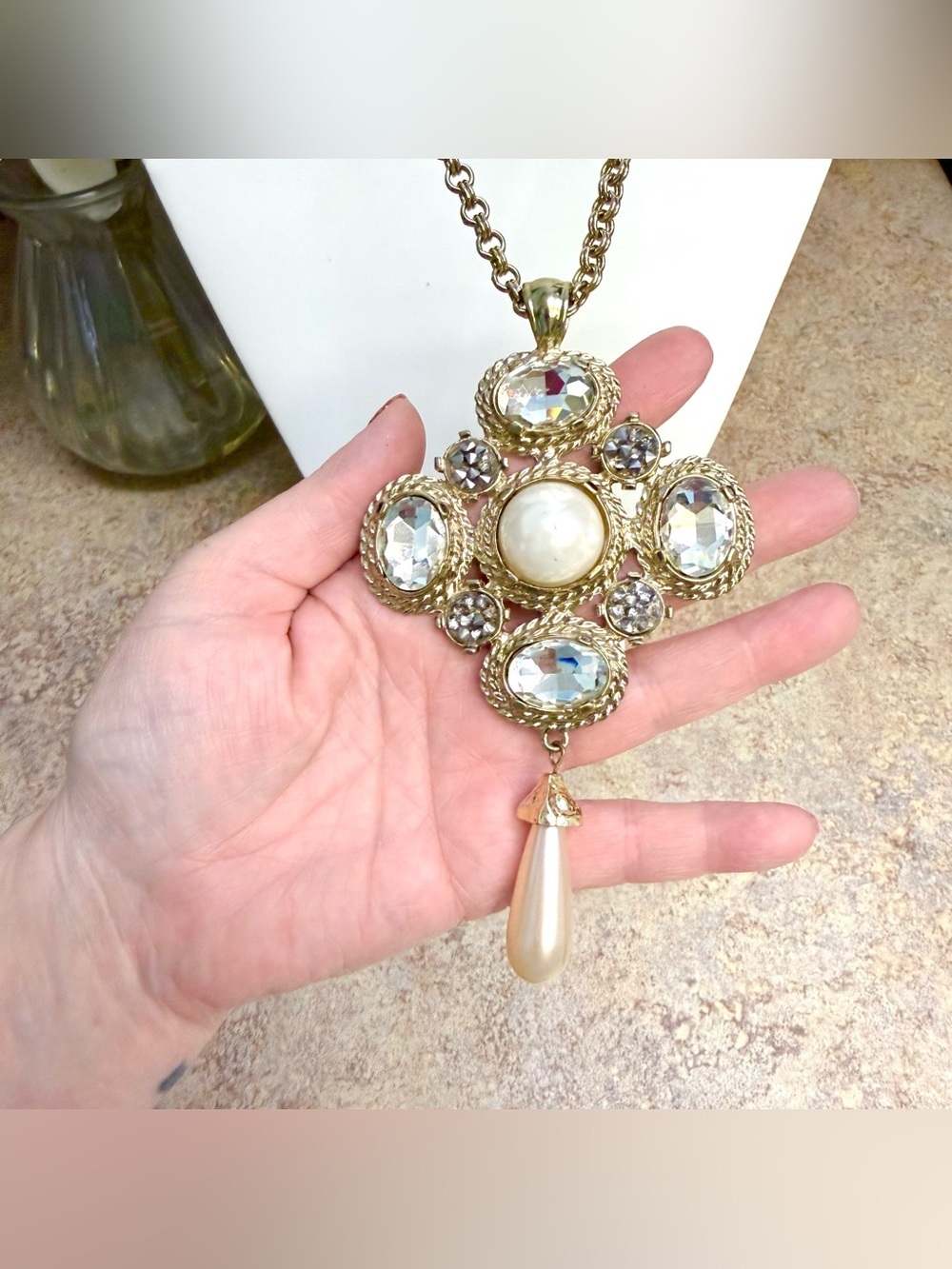 Chico’s long gold tone medallion cross pendant necklace - Picture 2 of 4